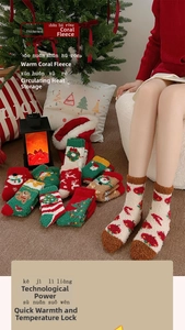 Close-up of thick coral fleece Christmas socks featuring snowman and reindeer patterns