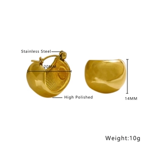 Detail view of 20mm gold stainless steel hoop earrings with high polished finish