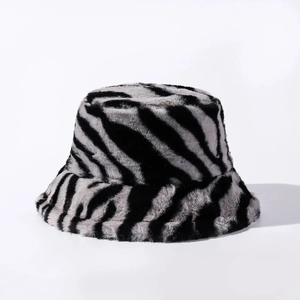 Stylish zebra print plush bucket hat with thick faux fur material for winter fashion