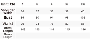 Detailed size chart for sleeveless A-line dress with shoulder, bust, and waist measurements