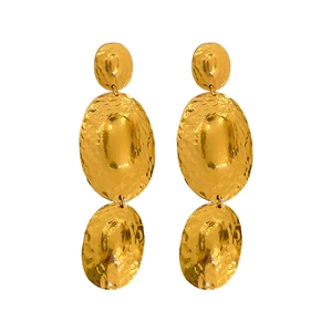Statement gold-tone metal earrings with three-tier oval pendants and hammered texture