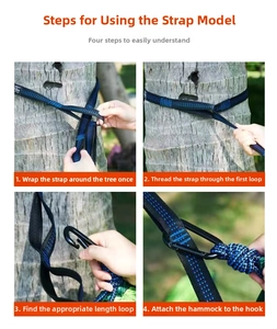 Detail showing the heavy-duty hammock tree straps with reinforced stitching and carabiner