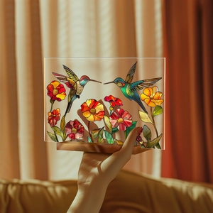 Detail of floral hummingbird acrylic plaque with art glass style and a wooden base