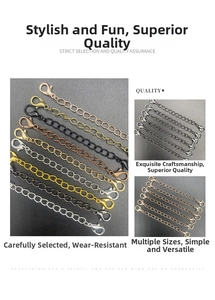 Macro detail of alloy extender chains with lobster clasps in various metallic finishes