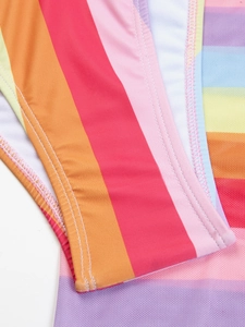Close-up of rainbow striped bikini seams showing high-quality double stitching detail