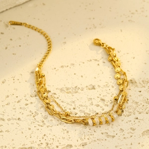 Three-layer gold stainless steel stacked bracelet with natural stone and round beads