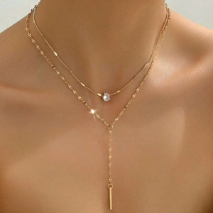 Double Layer Y-Shape Necklace Alloy Water Drop Zirconia Vertical Bar Pendant Fashion Sexy Jewelry For Women Gold Color