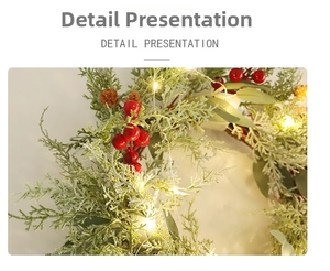 Detailed close-up of Christmas wreath featuring red berries, pine cones, and LED lights