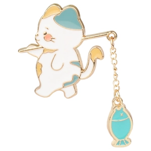 Cute Japanese style enamel pin featuring a white cat fishing with a gold chain and blue fish