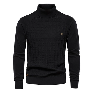 Classic black men's turtleneck knit sweater with textured cable stitch design