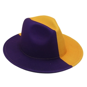 Two-tone wool felt fedora hat in yellow and purple contrasting colors on white background