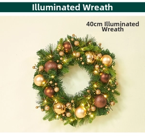 Close-up of 40cm Christmas wreath with LED lights and gold bronze holiday ornaments