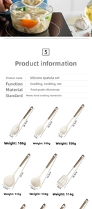 Detail of heat-resistant silicone cooking utensils with dimensions and material specs