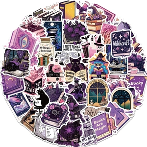 Close-up of 50pcs waterproof PVC Gothic Bookish witch stickers for luggage and journals