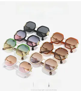 Detailed set of multi-color octagonal geometric sunglasses with golden metal hinges