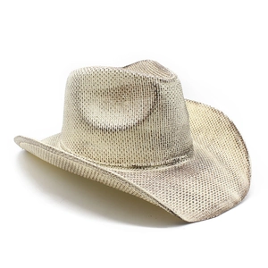 Close-up of metallic beige woven jazz hat with rolled edges and western cowboy style