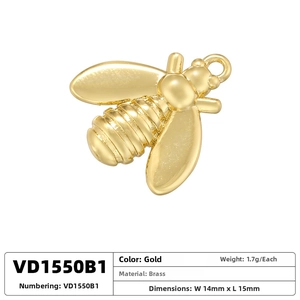 Macro view of gold brass bee pendant charm with 14mm by 15mm dimensions and 1.7g weight