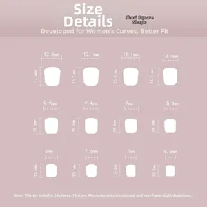 Size chart for short square press-on nails with 12 dimensions and 24 pieces set