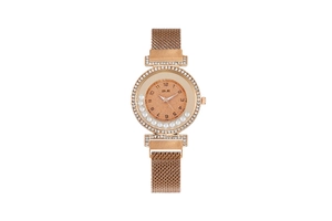 Detail of rose gold mesh watch band and bezel with sparkling floating rhinestones