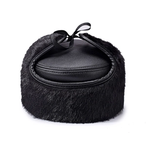 Men's winter flat top hat with faux fur earflaps and premium black leather texture