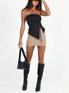 Sexy black strapless corset top and khaki mini skirt outfit with drawstring details