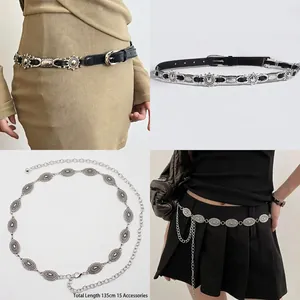 Retro butterfly oval waist chain and leather belt set for women hip-hop style