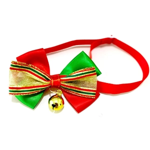 Adjustable Christmas pet bowtie collar with red green ribbon and gold bell on white background