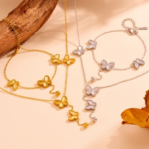 Elegant Butterfly Necklace And Bracelet Stainless Steel Y Chain Trendy Jewelry For Women Bead Tassel Carved Butterfly Charm