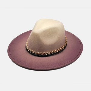 Two-tone gradient wool felt fedora with gold chain band and wide flat brim design
