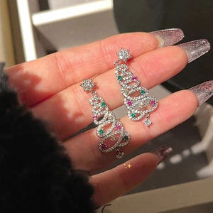 S925 silver Christmas tree drop earrings with colorful zircon tassels and sparkling crystals