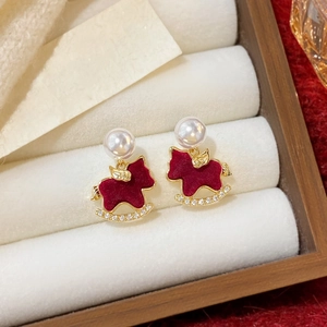 Vintage rocking horse earrings with burgundy velvet, pearls and sparkling zircons