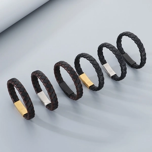 Plaid braided microfiber leather bracelets for men with magnetic metal clasps