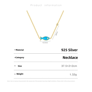Detailed size parameters of 925 silver fish pendant necklace with blue enamel finish