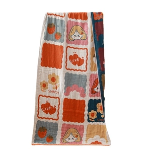 Soft four-layer cotton gauze bath towel with cartoon prints on a white background