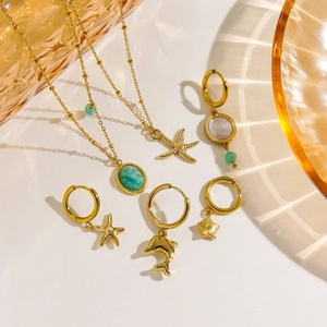 14K gold plated stainless steel ocean jewelry set with starfish pendants and turquoise