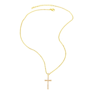 Gold plated cross pendant necklace with sparkling white zircons on a white background