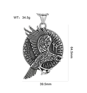 Detailed view showing the 64.5mm x 39.5mm dimensions of the Viking raven pendant