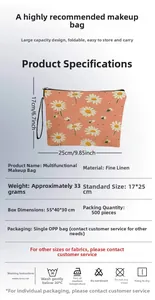 Détail de la trousse de maquillage en lin à fleurs, dimensions 25x17cm et fermeture éclair