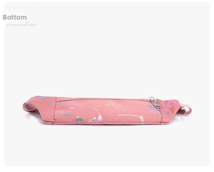 Bottom view of pink canvas running waist bag with colorful abstract splash art print