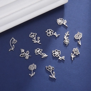 Detailed silver floral stainless steel pendants with hollow design for DIY jewelry making