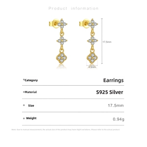 Detailed S925 sterling silver flower earring dimensions 17.5mm x 4.5mm with zircon studs