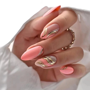 Druck Auf Nägel Mandelform Barbie Rosa Wellenmuster Gold Glitzer Weiße Linien Elegante Lange Falsche Nägel Für Damen