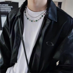 Men's double-layered titanium steel necklace with green beads and silver dice pendant