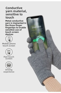 Detail of three-finger touchscreen conductive yarn on grey knitted winter gloves