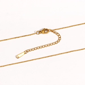 Detail of gold lobster clasp and extension chain with S.STEEL engraving on necklace