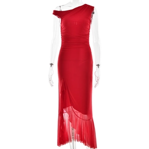Elegant sleeveless red evening gown with pleated waist and asymmetric ruffle mesh hemline