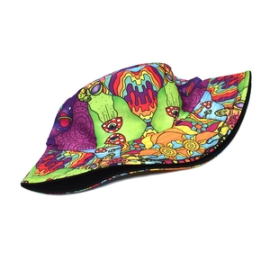 Psychedelic mushroom and eye print bucket hat with colorful graphic patterns for women