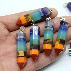 Natural Seven Chakra Crystal Hexagonal Point Pendant with healing stone layers for women