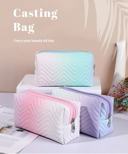 Detail of gradient PU leather makeup bags with premium V-quilted texture and zipper closure