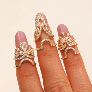 Fashion Copper Zirconia Nail Ring For Women Adjustable Open Finger Nail Jewelry Crown Butterfly Flower Pattern Jewelry